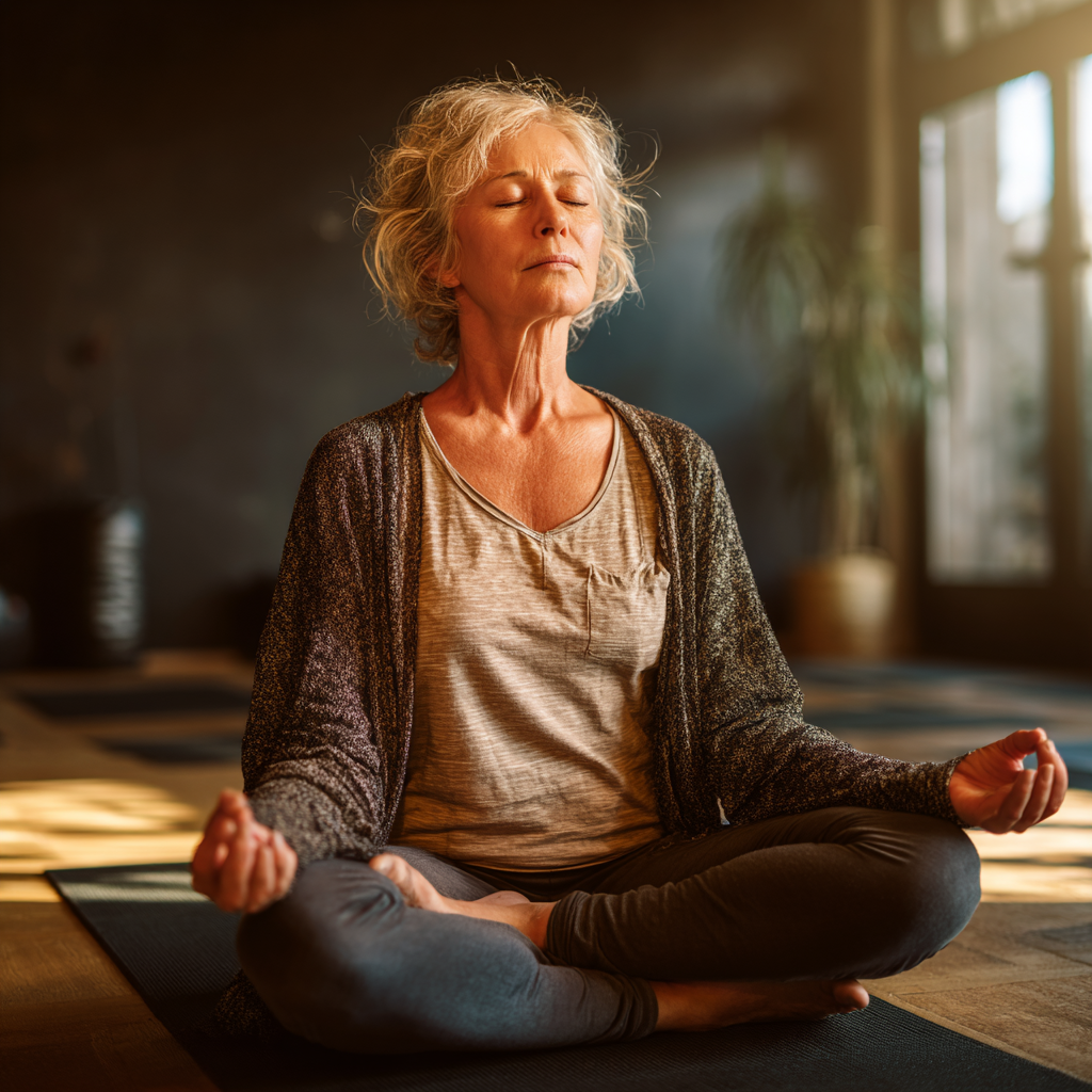 mature woman practicing mindful meditation in peaceful studio environment