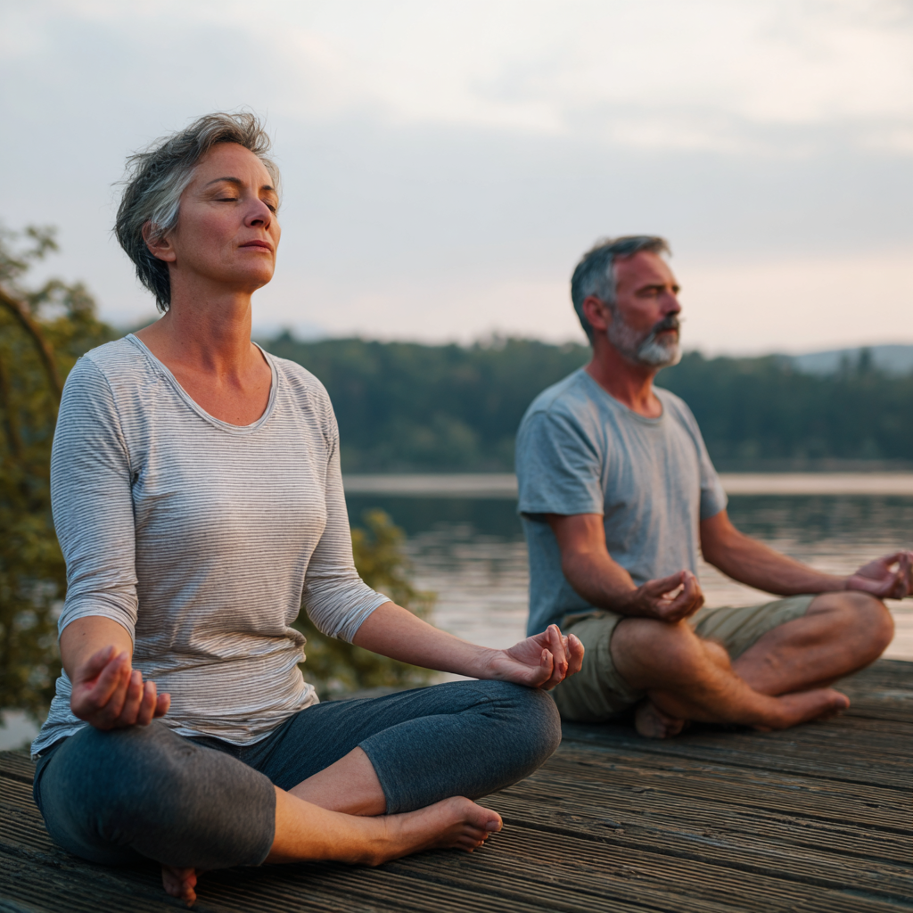 middle-aged adults practicing yoga poses in serene natural setting